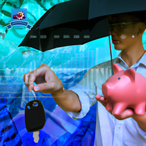 Ate a young driver holding car keys with a piggy bank, both overshadowed by a large, translucent umbrella symbolizing protection, amidst soft-colored, abstract financial charts and graphs in the background