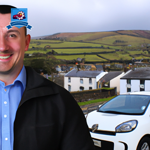 An image of a smiling auto insurance agent in Ceredigion, Wales, standing next to a car with rolling hills and quaint villages in the background