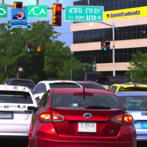 An image of a busy intersection in Arlington, Virginia, with multiple cars stopped at a red light