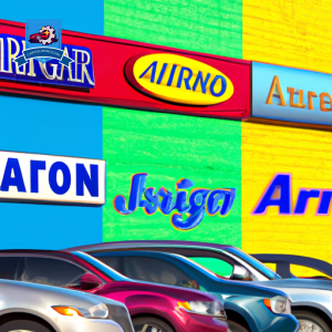 An image of a row of colorful and modern storefronts in downtown Burlington, New Jersey with various auto insurance logos displayed prominently