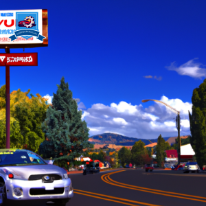 An image of a car driving through the scenic streets of Central Point, Oregon, with a billboard displaying various auto insurance companies in the background
