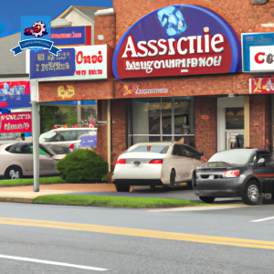 An image of a bustling street in Chester, VA, with multiple auto insurance company storefronts competing for attention