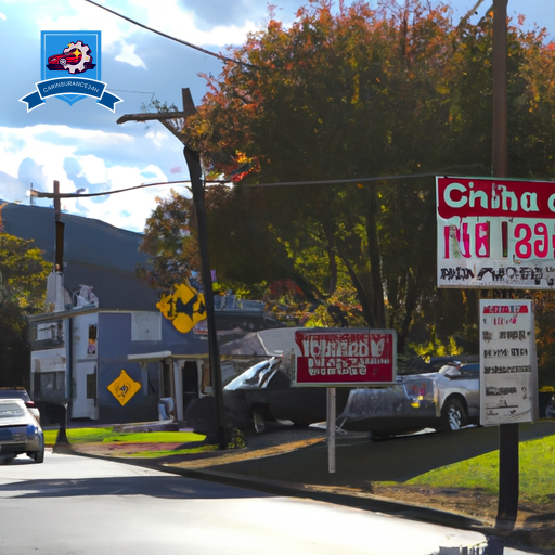a street in Christiansburg, Virginia lined with various auto insurance company signs, showcasing the options available to residents