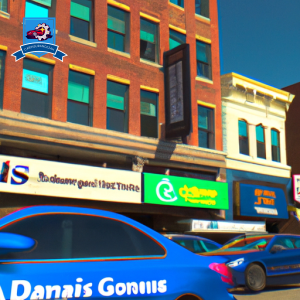 An image of a bustling street in downtown Des Moines, Iowa with multiple cars driving by and various auto insurance company logos prominently displayed on storefronts