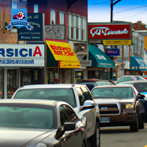 An image of a bustling street in East Providence, Rhode Island, with multiple auto insurance company signs prominently displayed