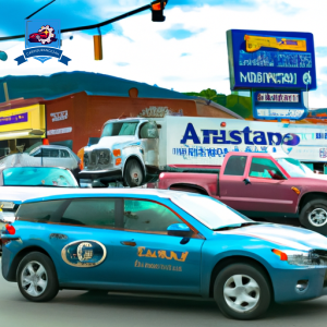 An image of a busy intersection in Elizabethton, Tennessee, with multiple cars and trucks featuring various auto insurance company logos on their vehicles