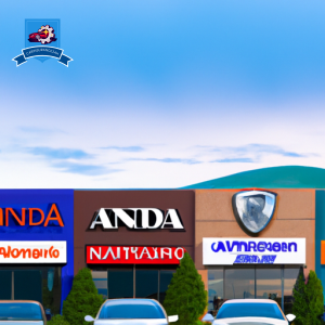 An image showcasing a row of modern office buildings in Highland, with vibrant logos of different auto insurance companies displayed prominently