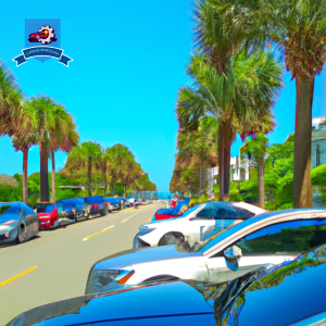 An image showcasing a palm tree-lined street in Hilton Head Island, with multiple luxury cars parked in front of insurance companies