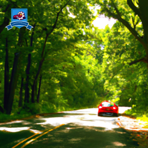 An image of a bright red car driving down a tree-lined road in Hope Valley, Rhode Island