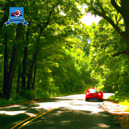 An image of a bright red car driving down a tree-lined road in Hope Valley, Rhode Island