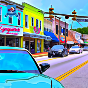 An image of a bustling street in Little River, SC lined with colorful storefronts, a mix of modern and vintage cars driving by, and a prominent auto insurance company sign