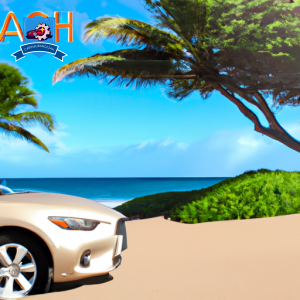 An image of a sandy beach with palm trees and a clear blue ocean in the background, with a sleek, modern car parked nearby and a logo of a prominent auto insurance company in Maui, Hawaii