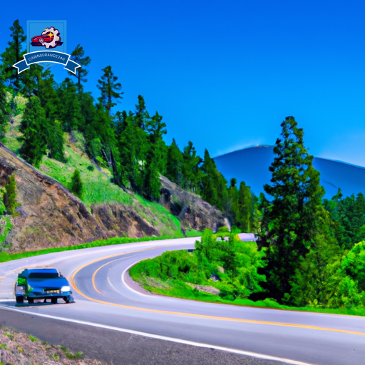 An image of a scenic drive through the mountains of Missoula, Montana, with a sleek car on the road, surrounded by lush greenery and a clear blue sky overhead