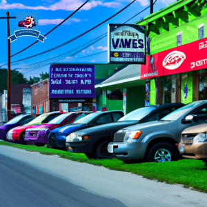 An image showcasing a row of vibrant storefronts in Moorefield, West Virginia, with prominent signs displaying logos of various auto insurance companies