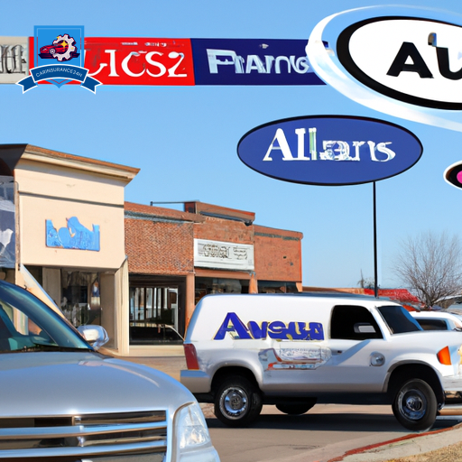 An image of a bustling street in Papillion, Nebraska with multiple auto insurance company logos displayed prominently on storefronts