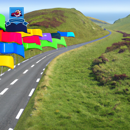 An image of a coastal road in Pembrokeshire, Wales, lined with colorful flags representing various auto insurance companies