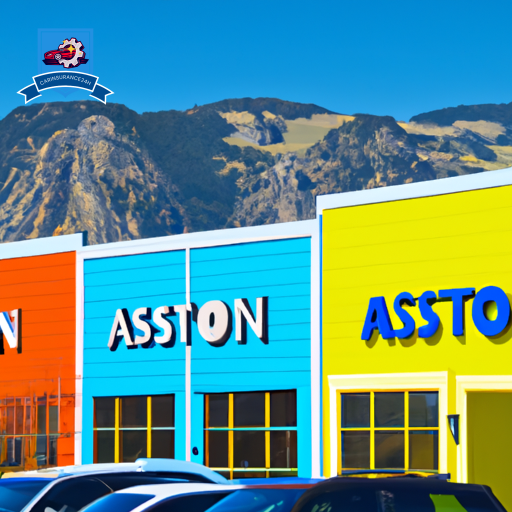 An image of a row of colorful, modern storefronts in downtown Polson, Montana, with each building representing a different auto insurance company