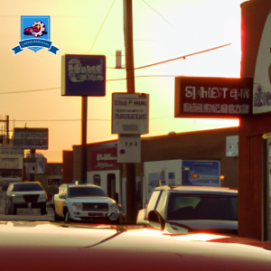 An image of a bustling street in Redfield, South Dakota with multiple auto insurance company signs prominently displayed