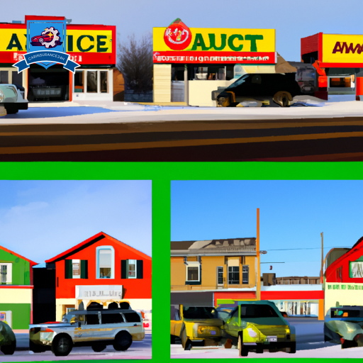 An image of a small town in Rigby, Idaho with a row of colorful auto insurance company storefronts, showcasing the variety of options available to residents