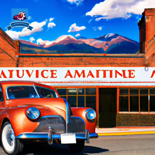 An image of a vintage car parked in front of a quaint brick building with a sign reading "Auto Insurance Companies in Stevensville, Montana"
