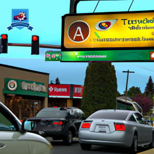 An image of a bustling street in Tualatin, Oregon, with various auto insurance company logos prominently displayed on storefronts and billboards