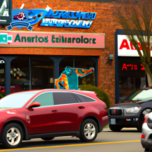 An image of a busy Vancouver, Washington street lined with various auto insurance company storefronts, each with unique signage and branding