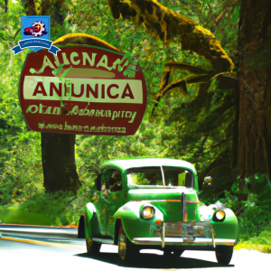 An image of a vintage car driving through the lush green forests of Ashland, Oregon, with a prominent insurance agency sign in the background
