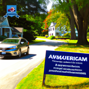 An image of a car driving down a picturesque street in Barrington, Rhode Island, with a local insurance agency sign in the background
