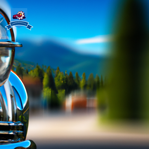 An image of a vintage car driving through the picturesque mountains of Bigfork, Montana, with a subtle reflection of the town's charming Main Street in the car's gleaming chrome bumper