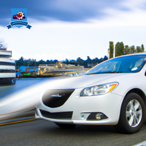 An image of a sleek silver car driving through downtown Bremerton, Washington with the iconic ferry in the background, showcasing the importance of auto insurance in this scenic coastal city