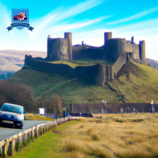 An image of a car driving through the picturesque mountains of Caerphilly, Wales, with a clear blue sky above