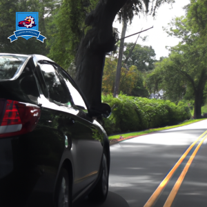 An image of a sleek black car driving down a tree-lined street in Camden, South Carolina