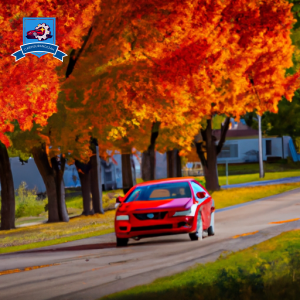 An image of a shiny red sedan driving down a tree-lined street in Canton, South Dakota