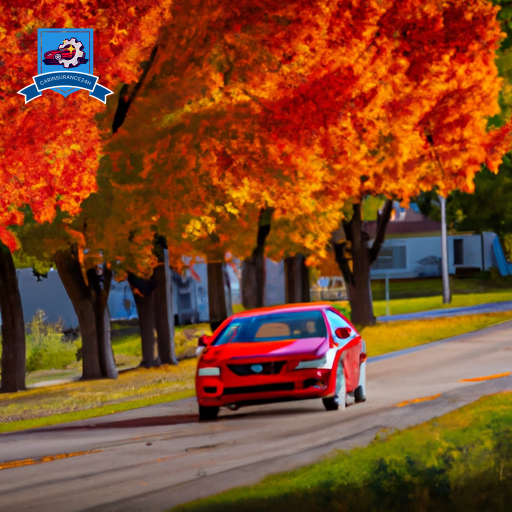 An image of a shiny red sedan driving down a tree-lined street in Canton, South Dakota