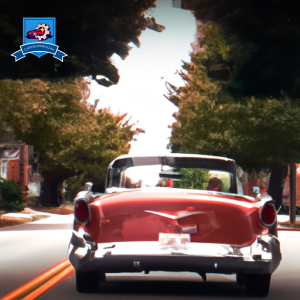 An image of a vintage car driving down a tree-lined street in Colonial Heights, Virginia