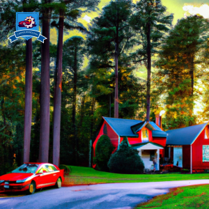 An image of a quaint cottage nestled among towering pine trees, with a shiny red car parked in the driveway