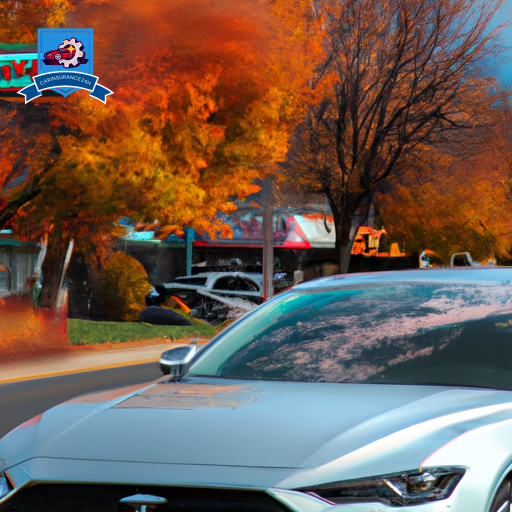 An image of a sleek silver sedan driving on a busy Elkhorn street, surrounded by vibrant fall foliage