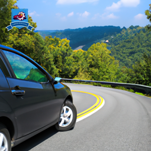 image of a car driving along a winding road through the scenic mountains of Fayetteville, West Virginia, with a clear blue sky overhead