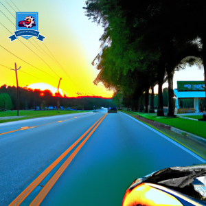 An image of a sleek car driving down a tree-lined road in Gaffney, South Carolina, with a vibrant sunset in the background, showcasing the importance of reliable auto insurance in this charming town