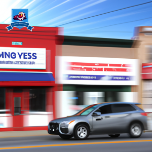 An image of a car driving through downtown Harrisonburg, Virginia, passing by local insurance agencies with vibrant storefronts and friendly agents assisting customers