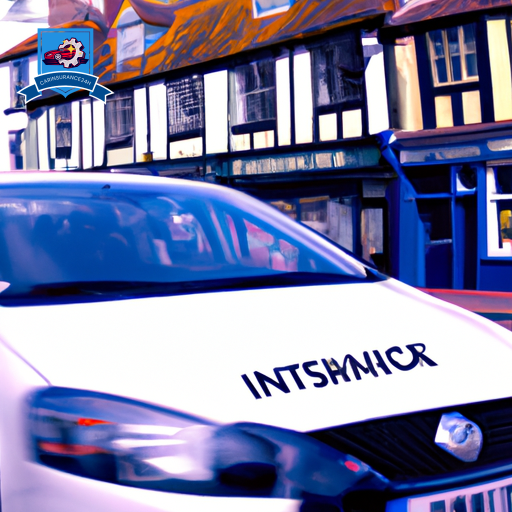 An image of a car driving through the historic streets of Hastings, with a prominent insurance company sign in the background