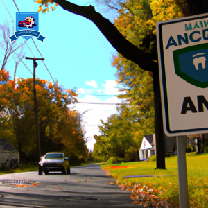 An image of a car driving down a tree-lined street in Jackson, New Jersey with a sign for an auto insurance agency in the background