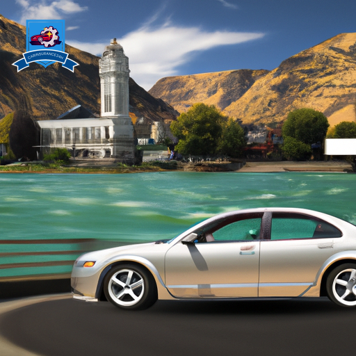 An image of a car driving through downtown Lewiston, Idaho with the famous Clearwater River in the background, showcasing the need for reliable auto insurance in this scenic city