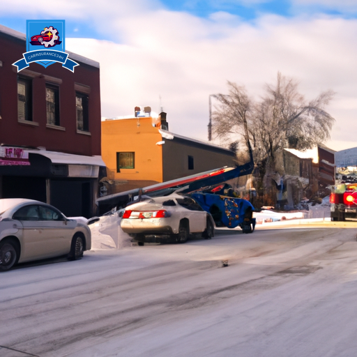 street in downtown Livingston, Montana with a car accident scene in the background, tow truck removing a vehicle, and insurance adjusters assessing the damage