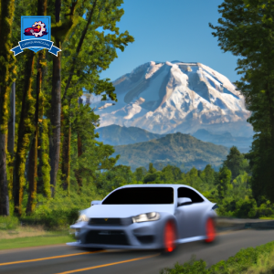 An image of a car driving through the lush forests of Longview, Washington with the iconic Mount St