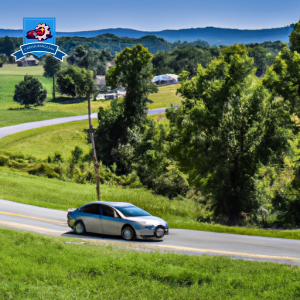 An image of a sleek, silver car driving through the picturesque countryside of McMinnville, Tennessee