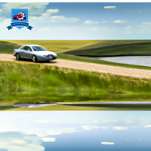 An image of a car driving down a winding road in Mission, South Dakota with a backdrop of rolling hills and prairie grass