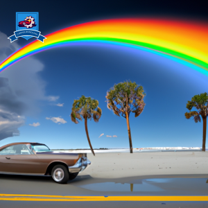 An image of a sandy beach with palm trees, a classic car driving along the coastline, and a rainbow in the sky to represent auto insurance in Myrtle Beach, South Carolina