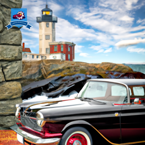 An image of a classic car parked on a cobblestone street in Newport, Rhode Island, with a lighthouse in the background and ocean waves crashing nearby