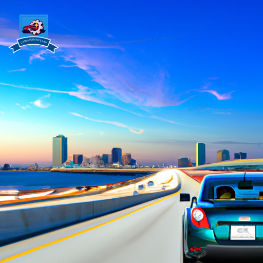 An image of a car driving along the scenic Chesapeake Bay Bridge Tunnel with a clear view of the Norfolk skyline in the background, showcasing the importance of auto insurance in Norfolk, Virginia